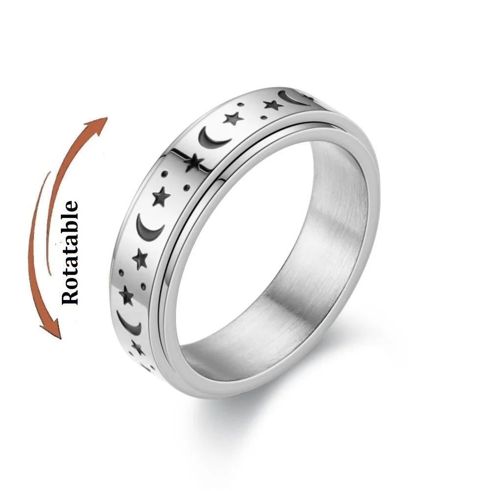 Stainless Steel Star and Moon Rotating Anxiety Relief Ring