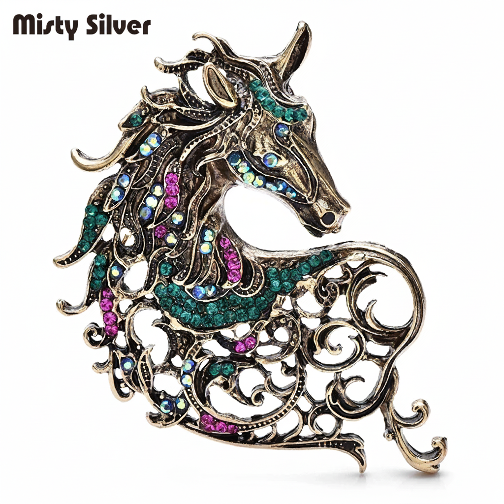 Vintage Unicorn Horse Brooch Multi-color Crystal Metal Pin