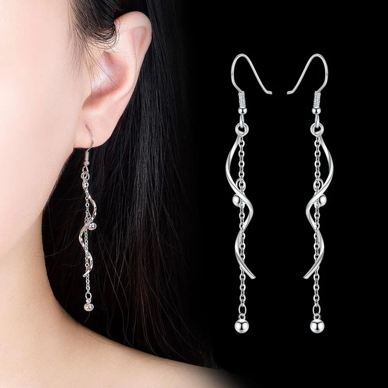 925 Silver Spiral Wave Tassel Chain Drop Earrings Women