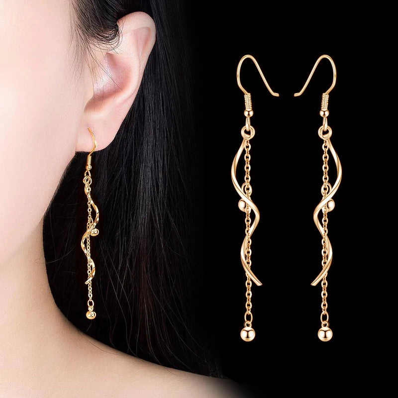 925 Silver Spiral Wave Tassel Chain Drop Earrings Women