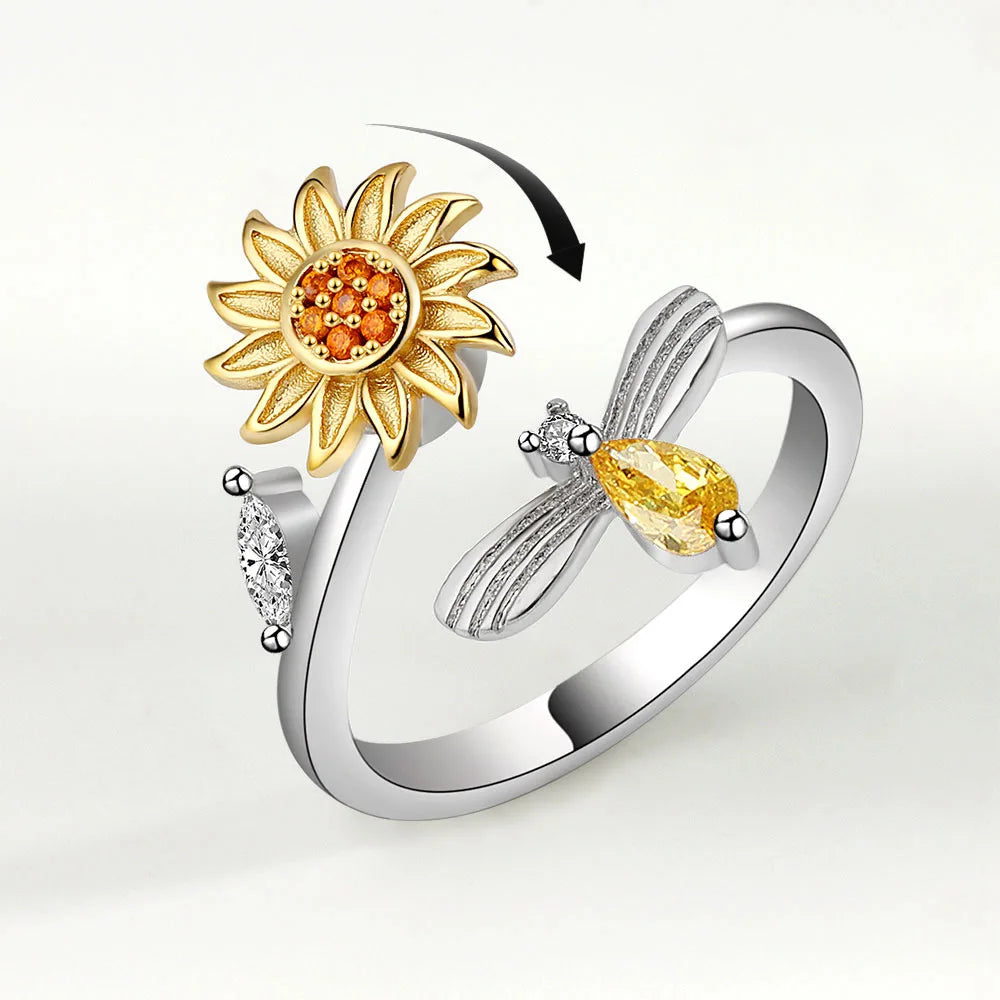 925 Silver Sunflower and Bee Rotating Zircon Ring
