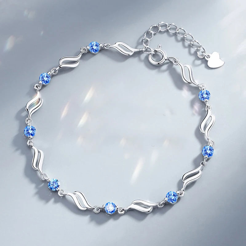S925 Silver Wave Bracelet for Women – Blue AAA CZ Sparkling Gift