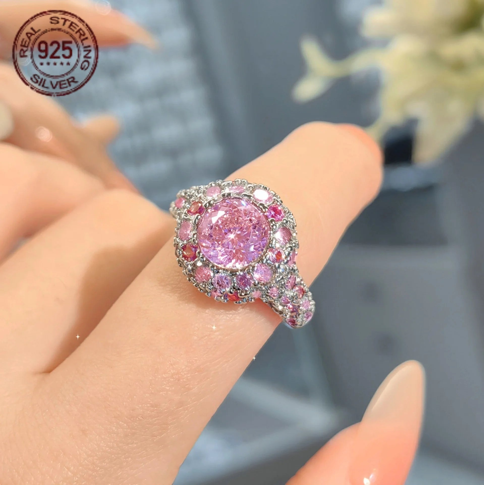 Pink Zircon 925 Silver Wedding Band – Luxury White Gold Plated