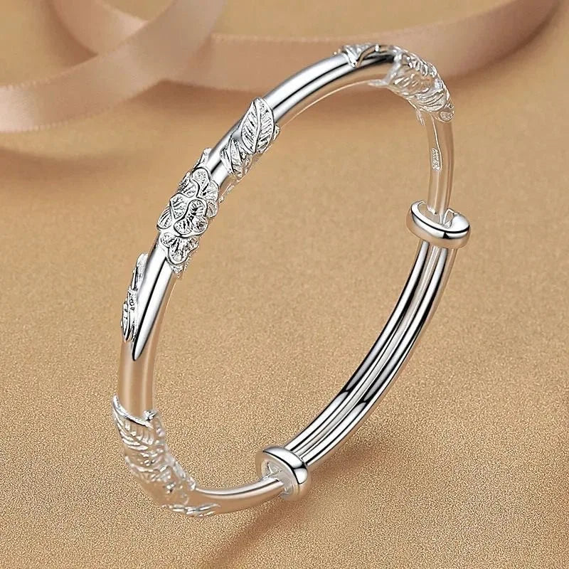 925 Silver Leaf Cuff Bracelet for Women – Adjustable Luxury Bangle