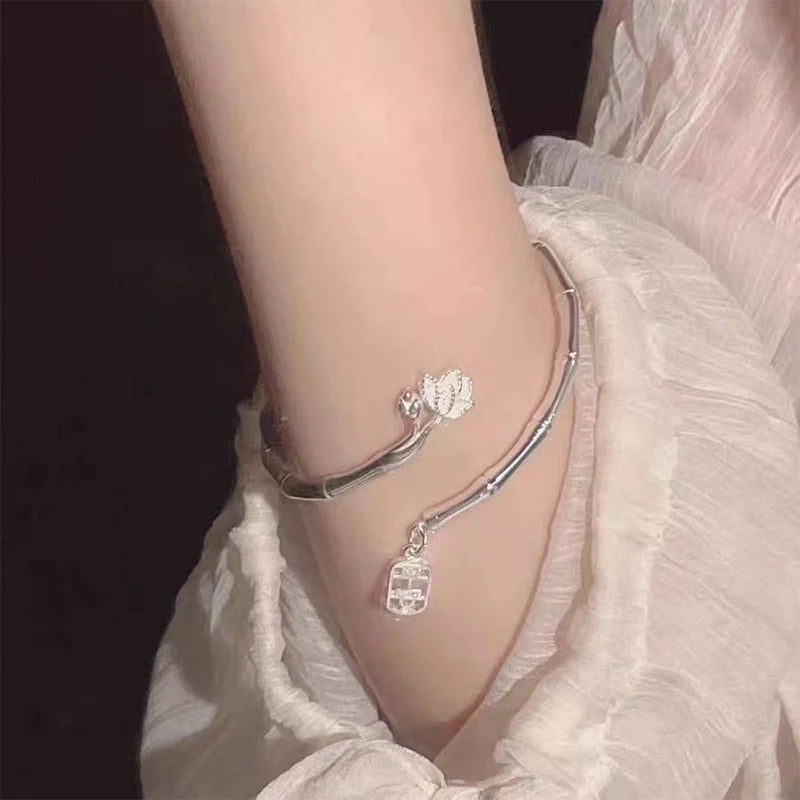 Lucky Bamboo Lotus Bracelet – Silver Adjustable Open Bangle