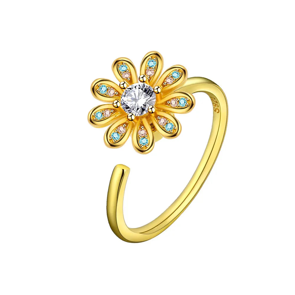925 Silver Sunflower and Bee Rotating Zircon Ring