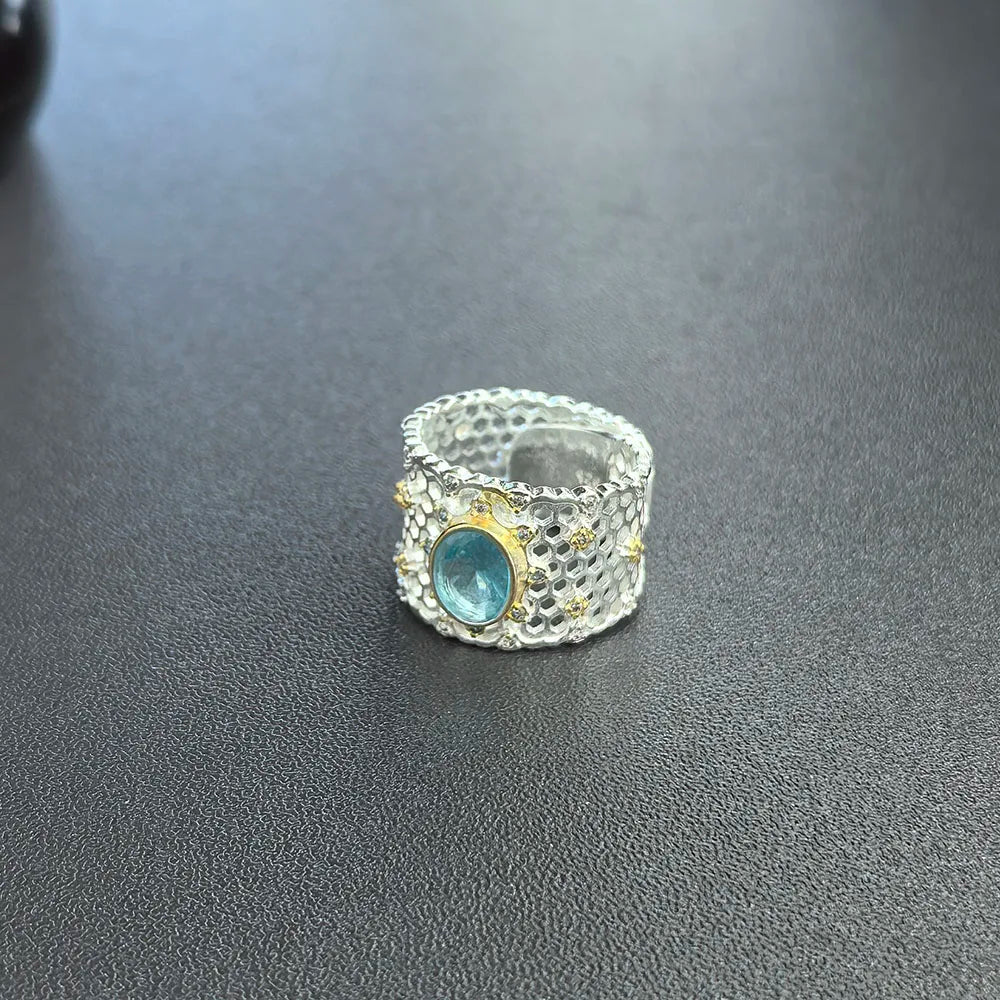 925 Silver Topaz Ring for Women – Vintage Hollow Lace Design
