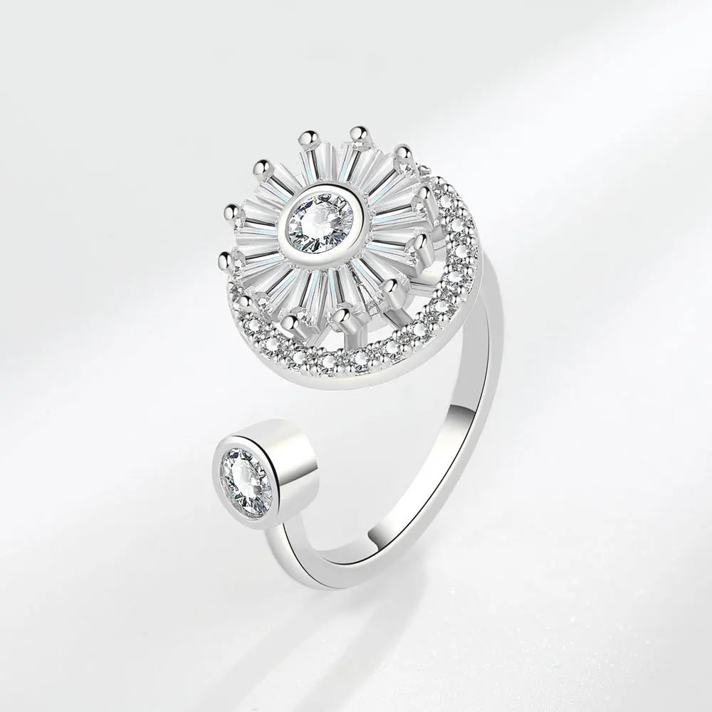 925 Silver Sunflower and Bee Rotating Zircon Ring