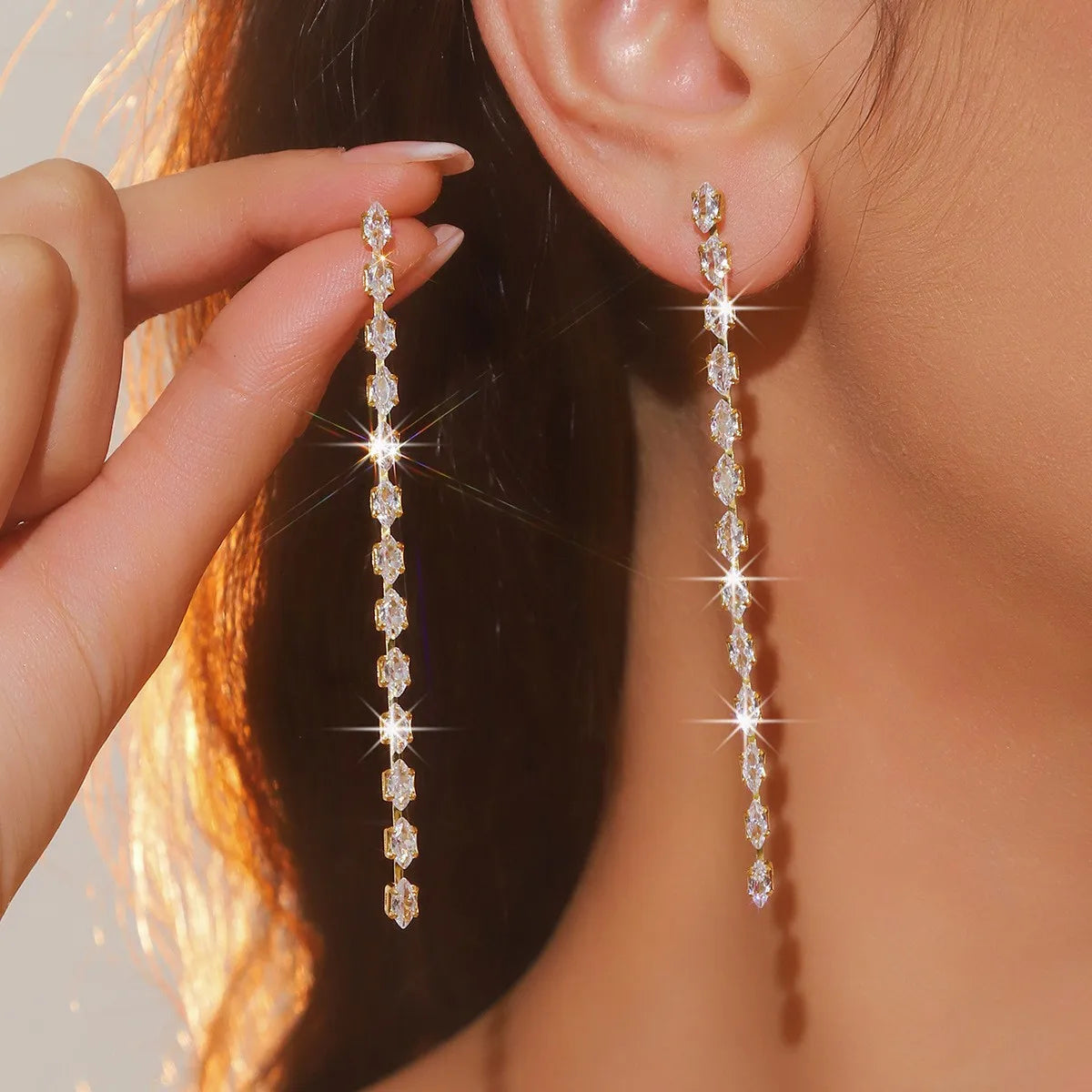 Zircon Crystal Geometric Long Tassel Drop Earrings