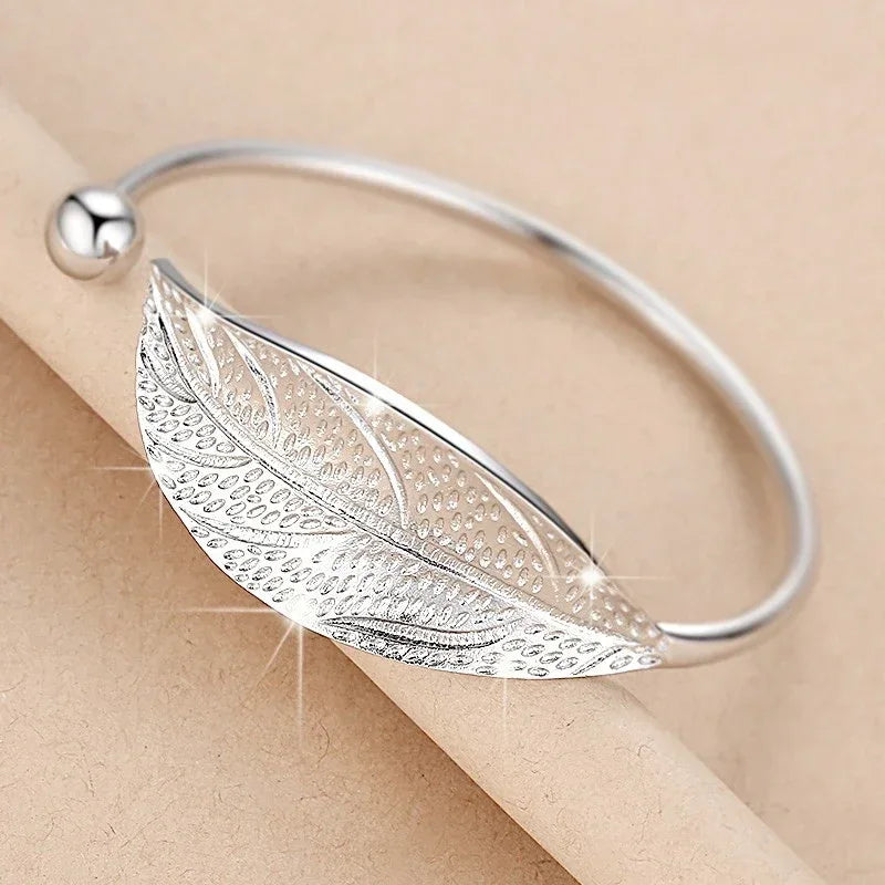 925 Silver Leaf Cuff Bracelet for Women – Adjustable Luxury Bangle