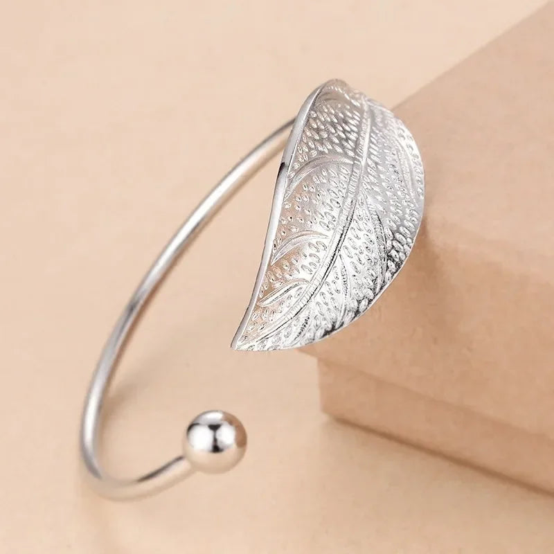 925 Silver Leaf Cuff Bracelet for Women – Adjustable Luxury Bangle