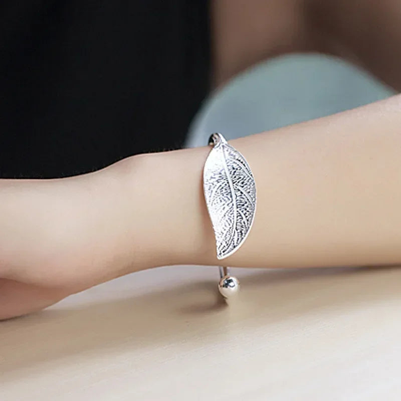 925 Silver Leaf Cuff Bracelet for Women – Adjustable Luxury Bangle