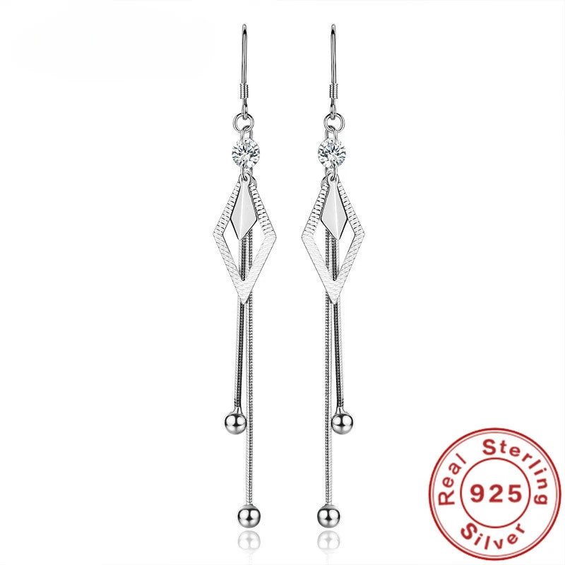 Silver Tassel Diamond Zircon Long Earrings