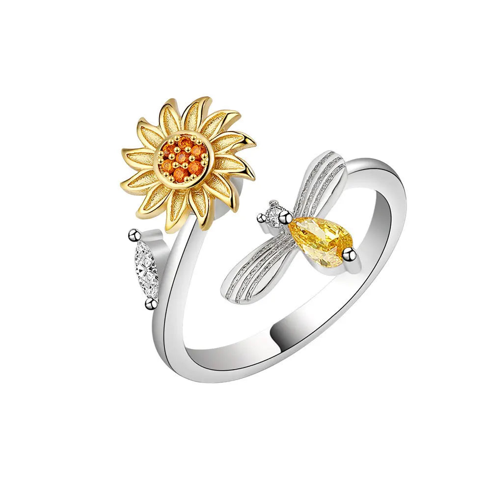 925 Silver Sunflower and Bee Rotating Zircon Ring