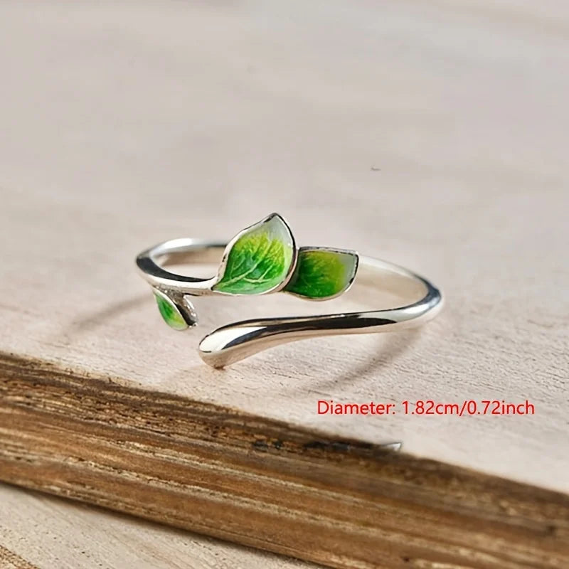 Women’s Green Enamel Leaf Ring – Adjustable Open Fashion Jewelry