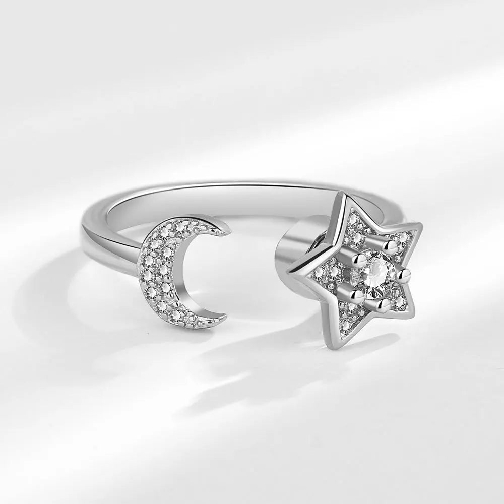 925 Silver Zircon Moon and Star Stress Relief Ring