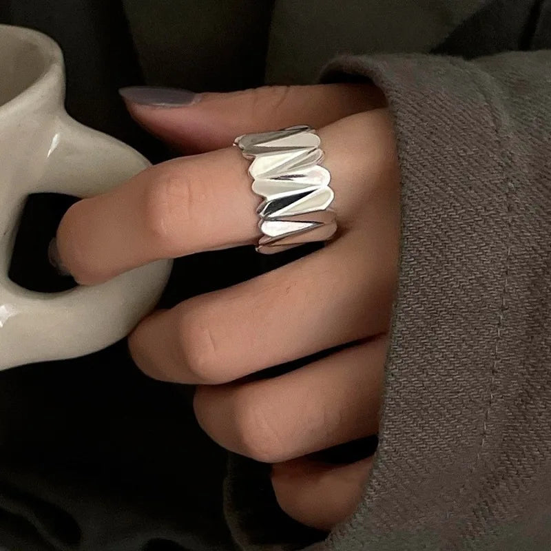 Silver Arched Wide Geometric Punk Ring