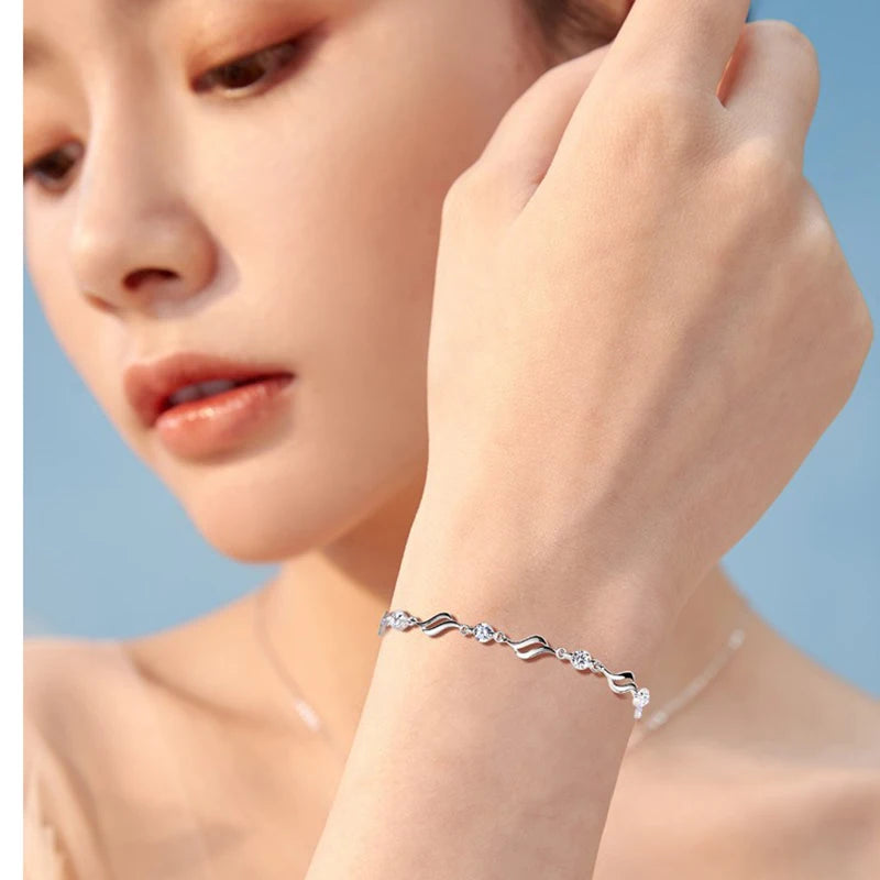 S925 Silver Wave Bracelet for Women – Blue AAA CZ Sparkling Gift