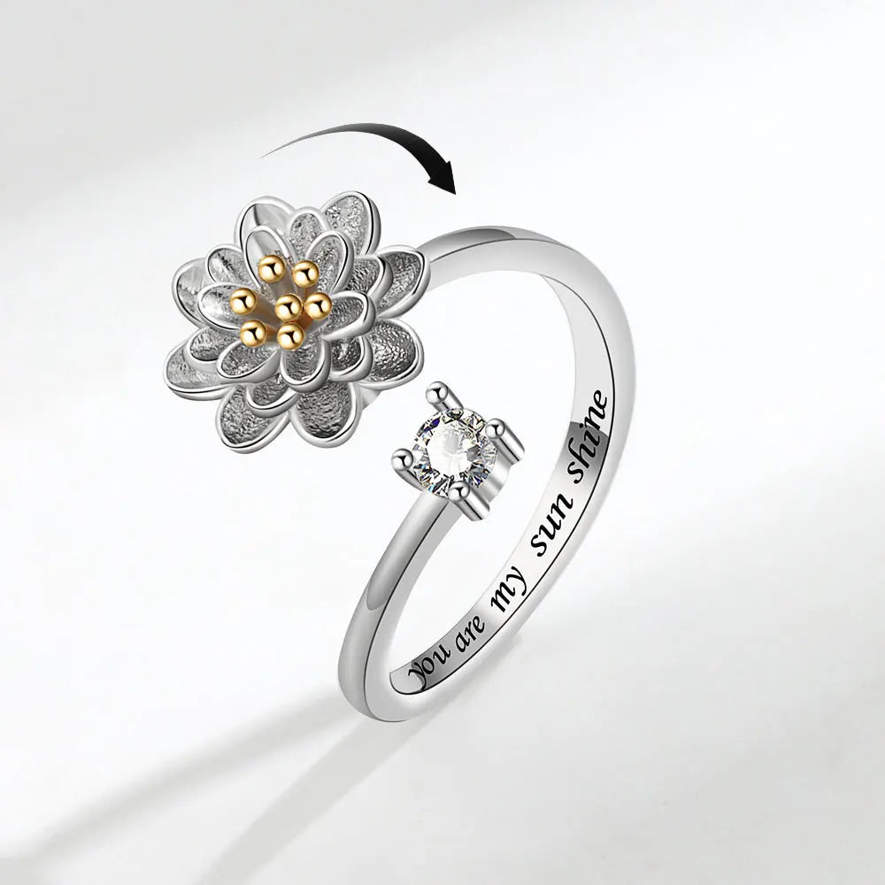 925 Silver Sunflower and Bee Rotating Zircon Ring