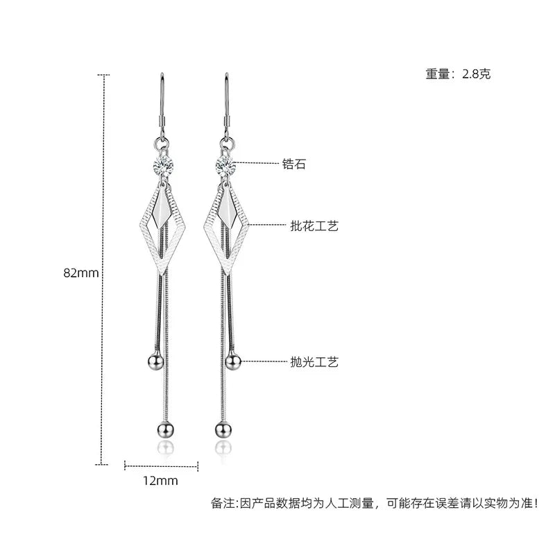 Silver Tassel Diamond Zircon Long Earrings