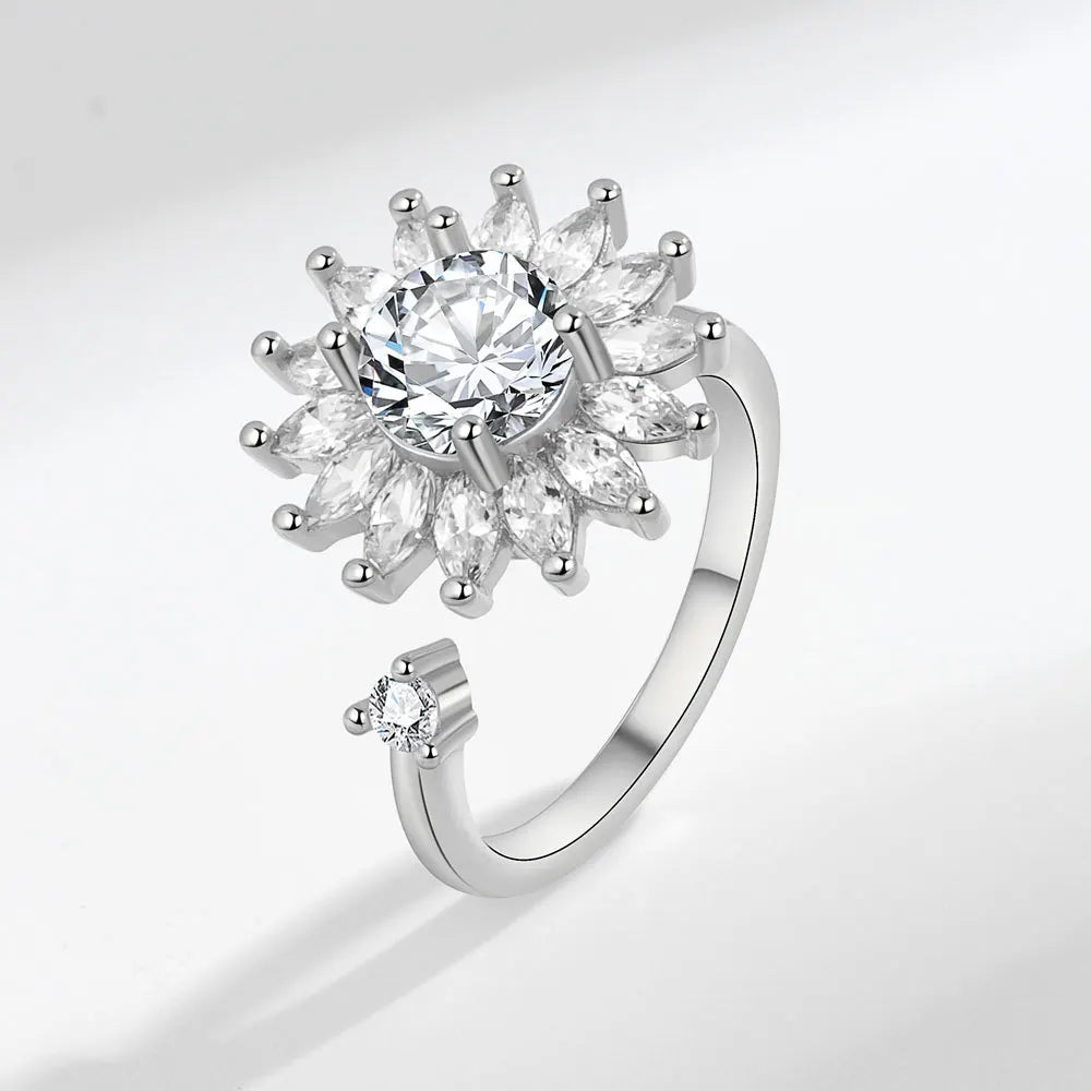 925 Silver Sunflower and Bee Rotating Zircon Ring