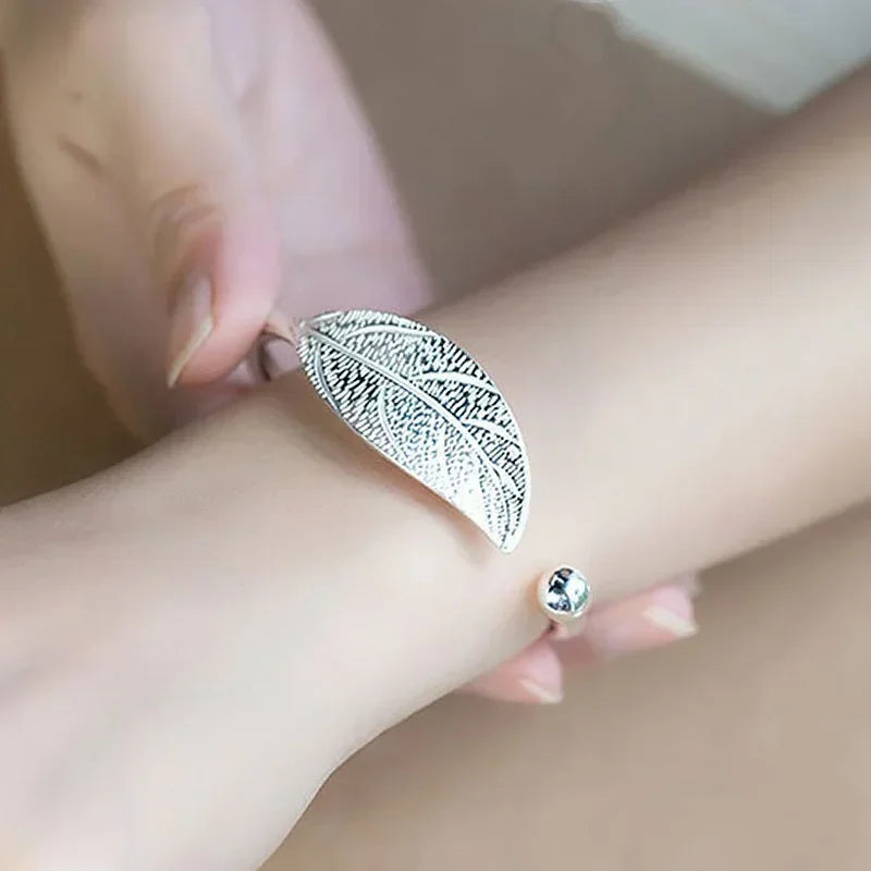 925 Silver Leaf Cuff Bracelet for Women – Adjustable Luxury Bangle