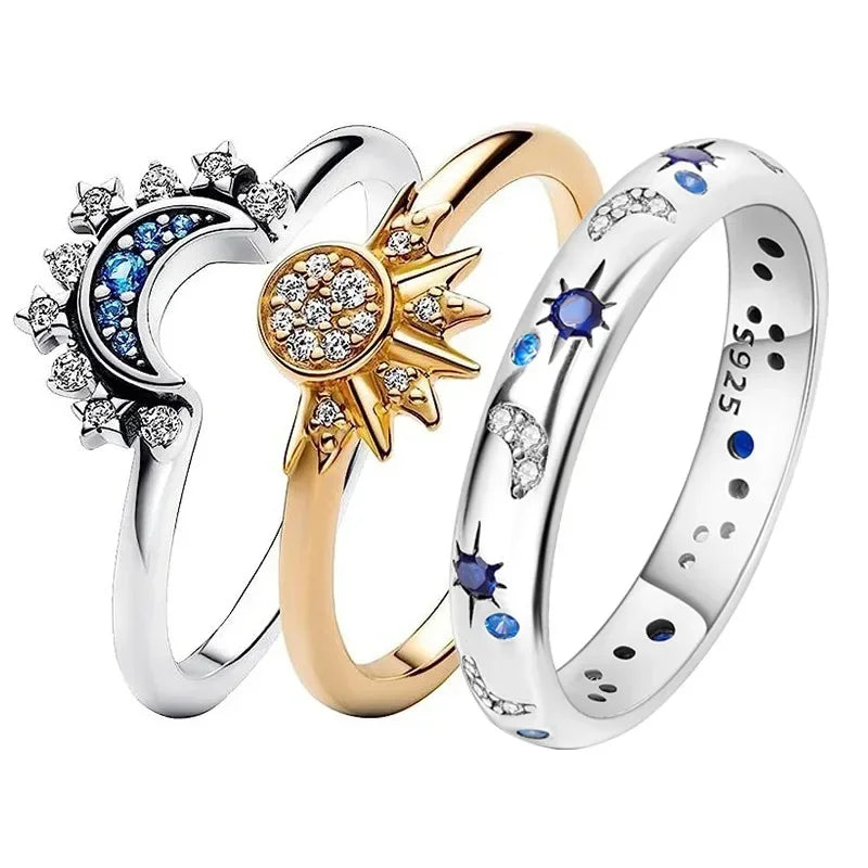 New sparkling celestial blue crystal sun moon star stackable ring