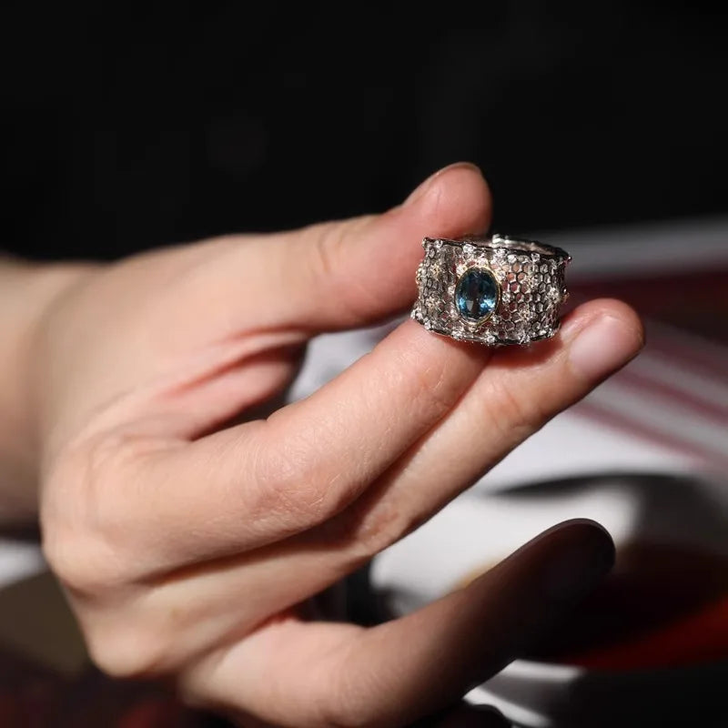 925 Silver Topaz Ring for Women – Vintage Hollow Lace Design
