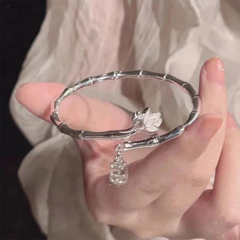 Lucky Bamboo Lotus Bracelet – Silver Adjustable Open Bangle