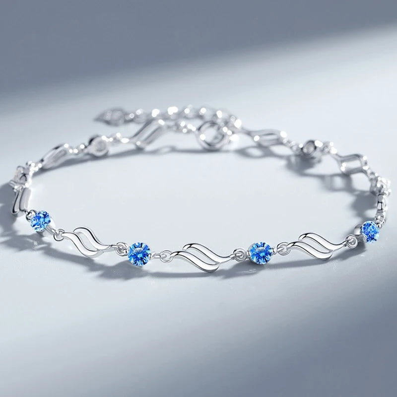 S925 Silver Wave Bracelet for Women – Blue AAA CZ Sparkling Gift