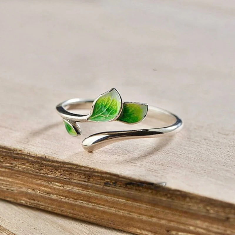 Women’s Green Enamel Leaf Ring – Adjustable Open Fashion Jewelry
