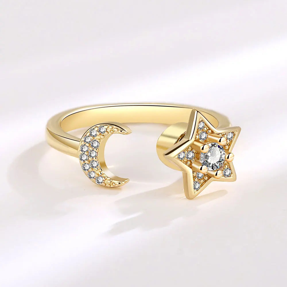 925 Silver Zircon Moon and Star Stress Relief Ring