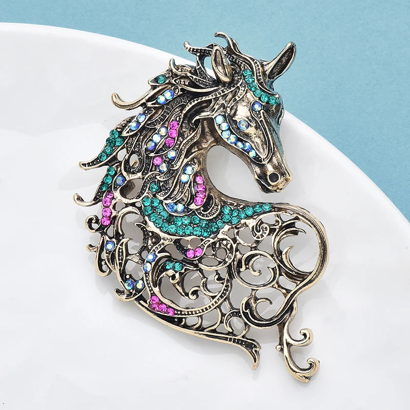 Vintage Unicorn Horse Brooch Multi-color Crystal Metal Pin