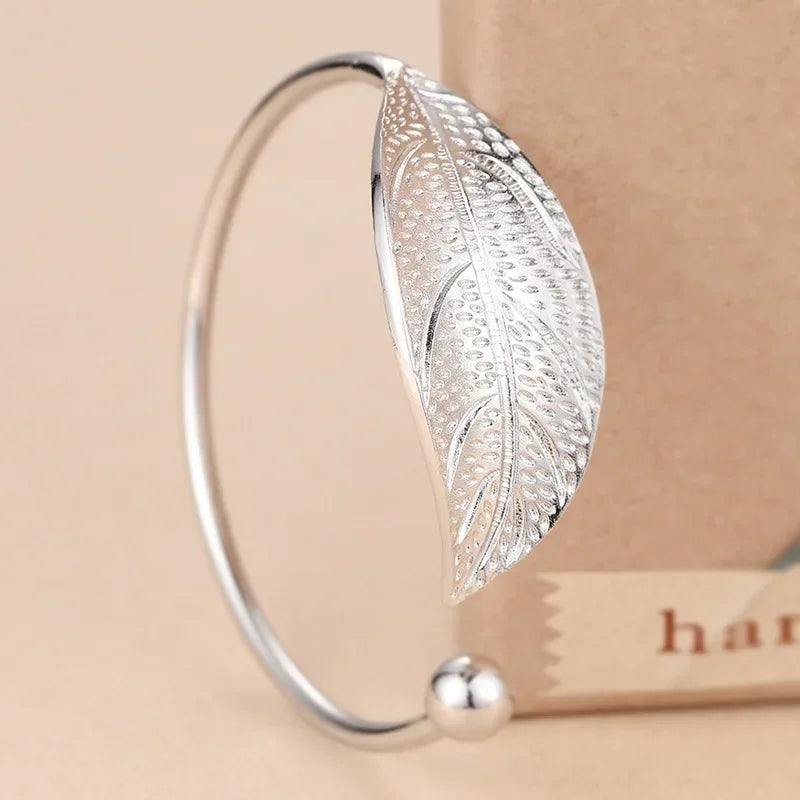 925 Silver Leaf Cuff Bracelet for Women – Adjustable Luxury Bangle
