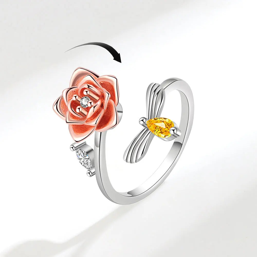 925 Silver Sunflower and Bee Rotating Zircon Ring