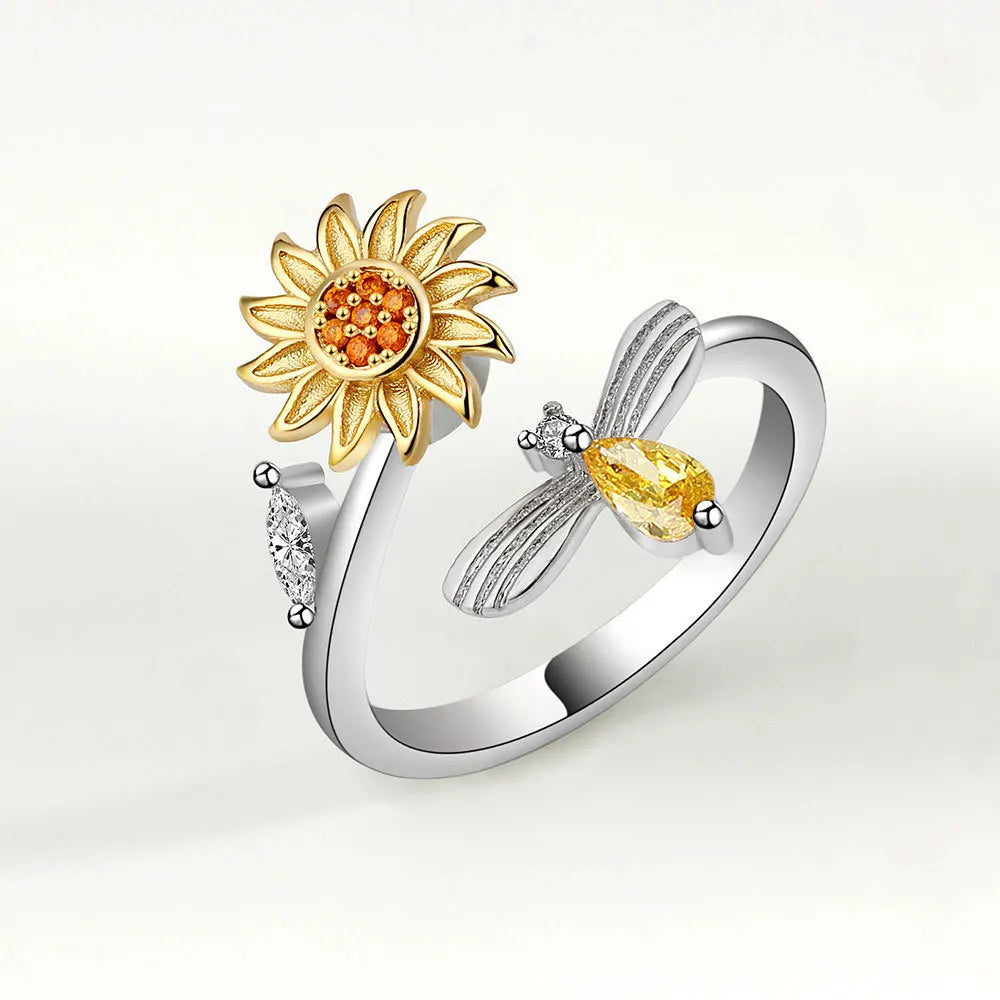 925 Silver Sunflower and Bee Rotating Zircon Ring