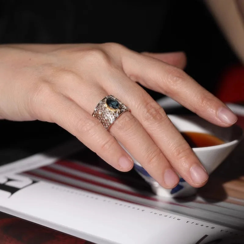 925 Silver Topaz Ring for Women – Vintage Hollow Lace Design