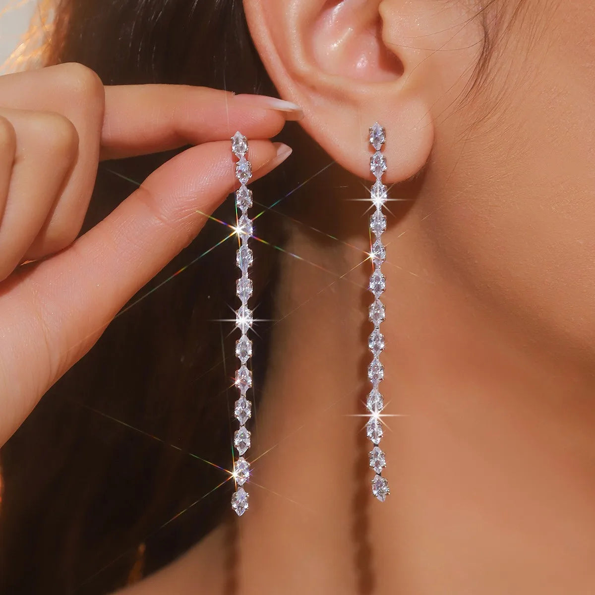 Zircon Crystal Geometric Long Tassel Drop Earrings