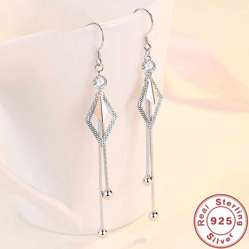 Silver Tassel Diamond Zircon Long Earrings