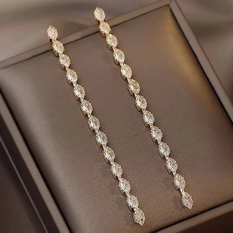 Zircon Crystal Geometric Long Tassel Drop Earrings