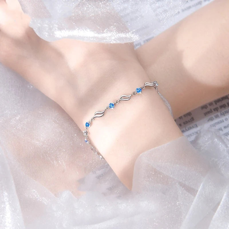 S925 Silver Wave Bracelet for Women – Blue AAA CZ Sparkling Gift