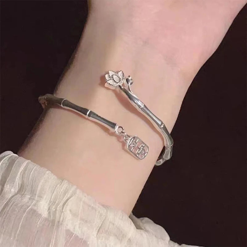 Lucky Bamboo Lotus Bracelet – Silver Adjustable Open Bangle