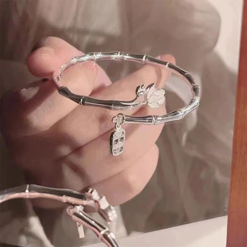 Lucky Bamboo Lotus Bracelet – Silver Adjustable Open Bangle
