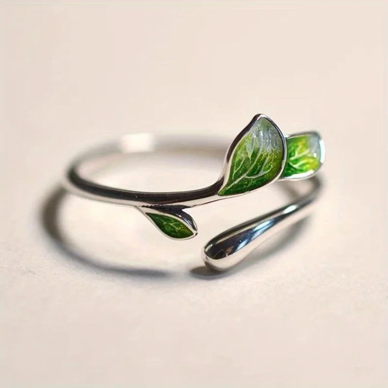 Women’s Green Enamel Leaf Ring – Adjustable Open Fashion Jewelry