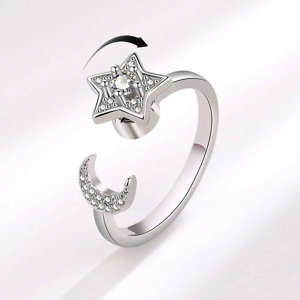 925 Silver Zircon Moon and Star Stress Relief Ring