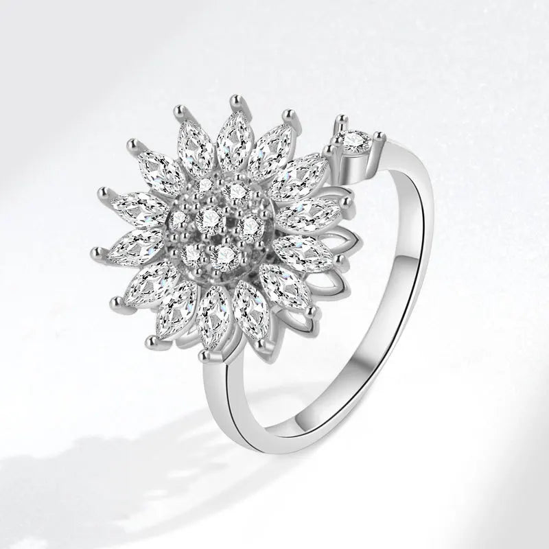 925 Silver Sunflower and Bee Rotating Zircon Ring