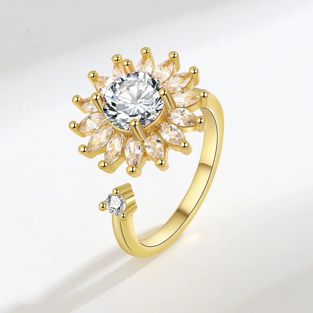 925 Silver Sunflower and Bee Rotating Zircon Ring