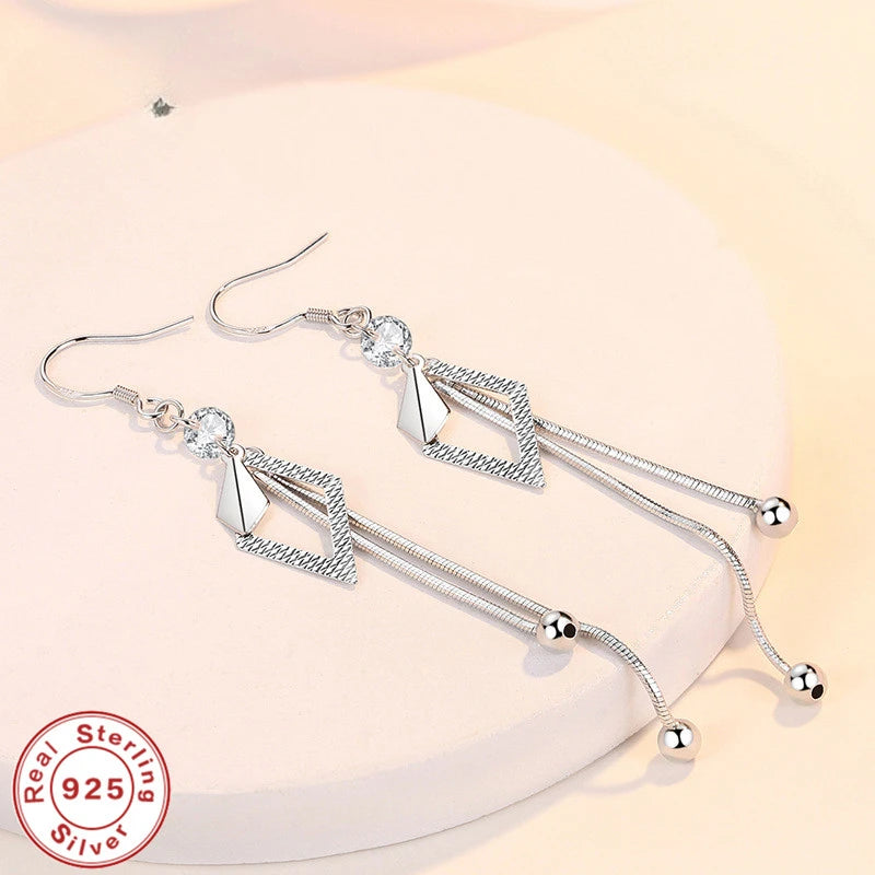 Silver Tassel Diamond Zircon Long Earrings