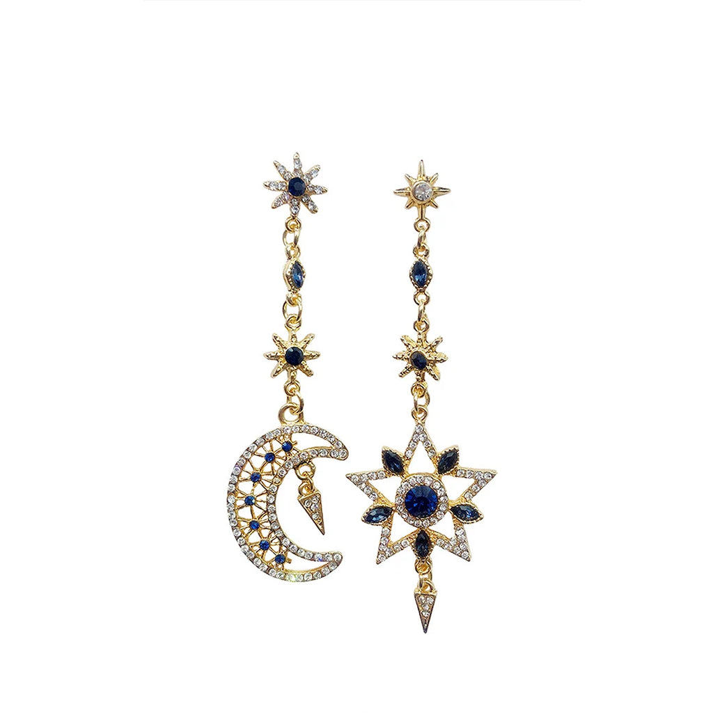 Elegant silver asymmetrical star and moon earrings