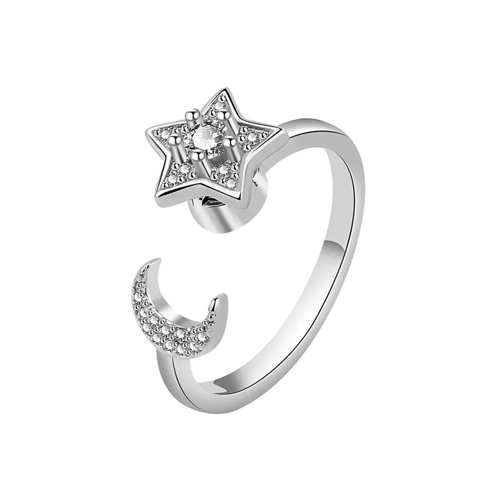 925 Silver Zircon Moon and Star Stress Relief Ring